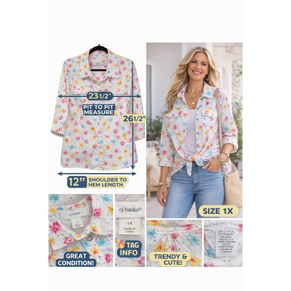 CJ Banks Womens Plus 1X Watercolor Floral Snap Front Shirt Boho Grandma Chic